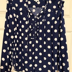 Crown & Ivy Navy and White Polka Dot Blouse